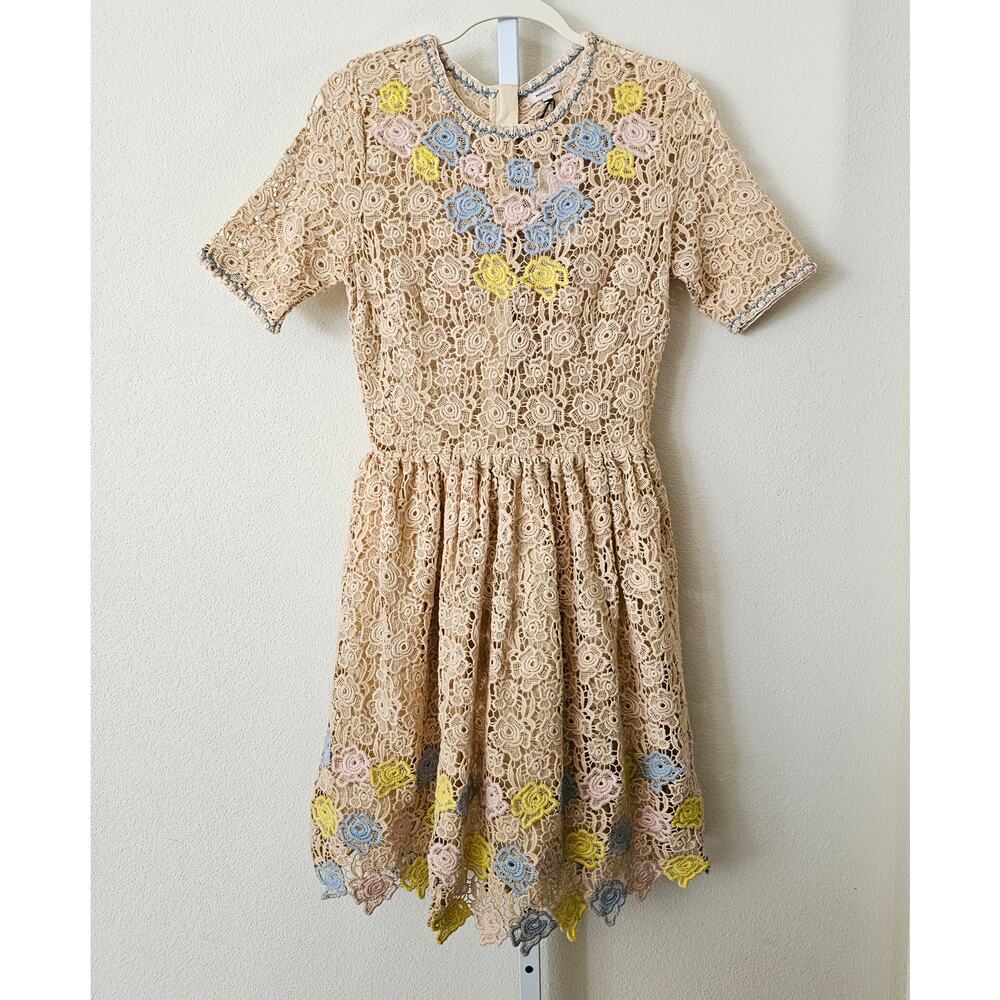 NWT MANOUSH Anthropologie Robe Roses Ecru Crochet Zip Cocktail Dress Sz US 8